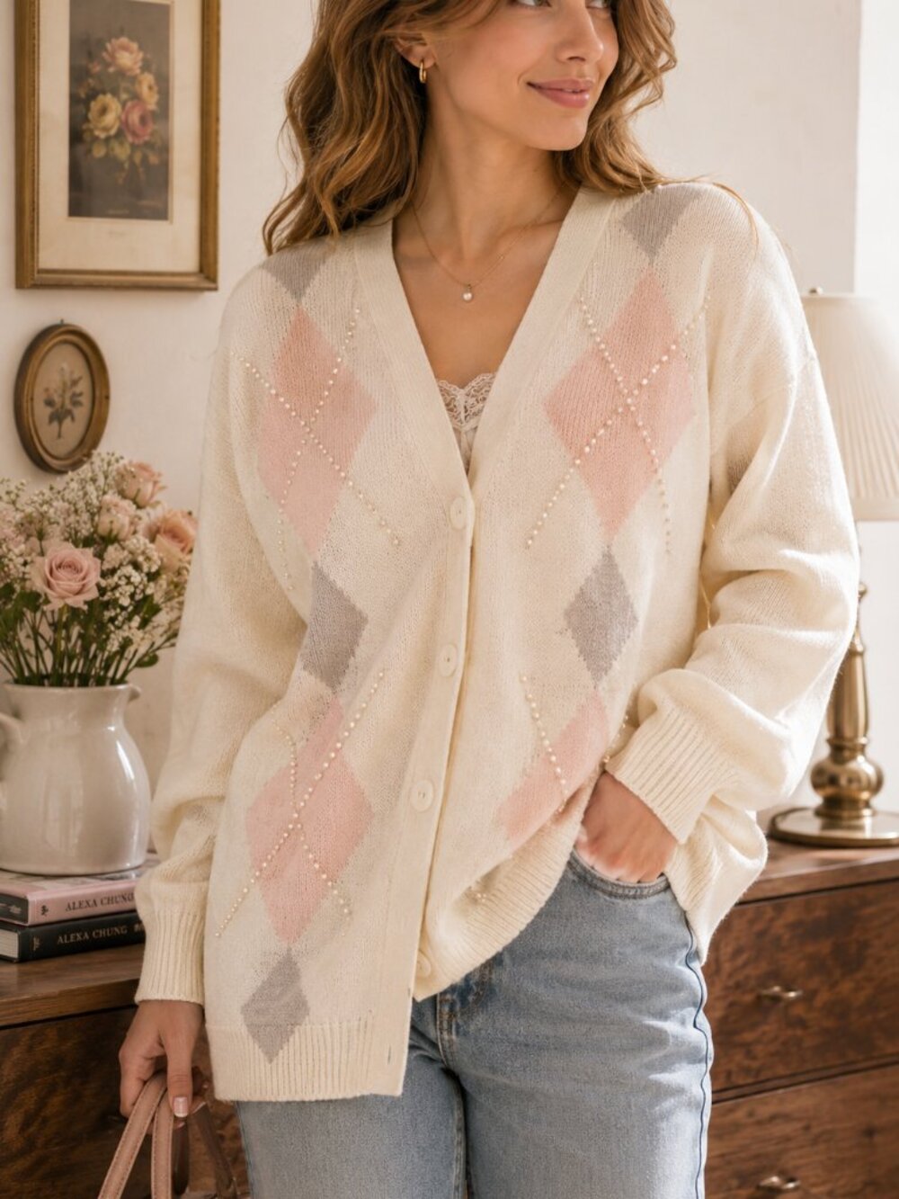 Vintage Pearl Argyle Cardigan Sweater Ivory Pink Gray Oversized M